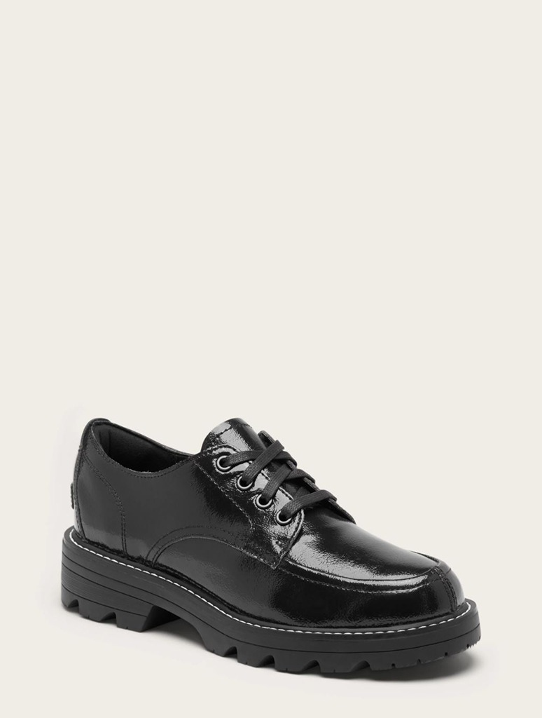 Sorel Revel Ave Derby black leather shoes showing detailed stitching and lace, ideal for year-round style