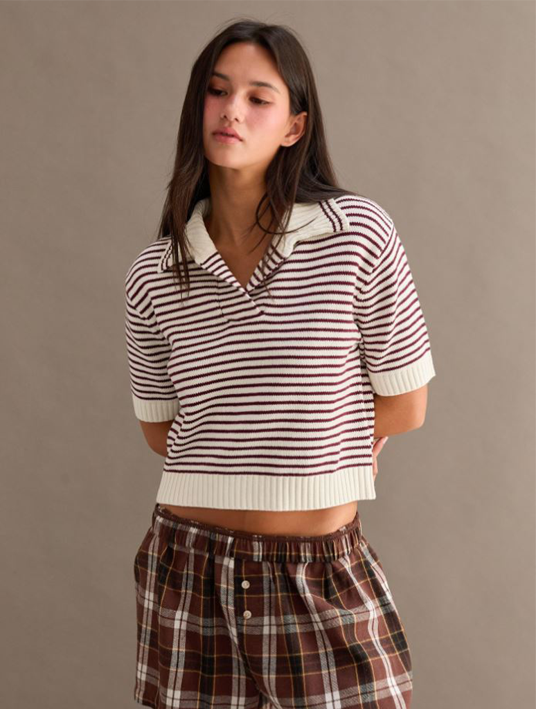 Striped Collared Short Sleeve Knit Top