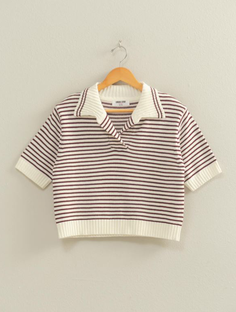 Striped Collared Short Sleeve Knit Top