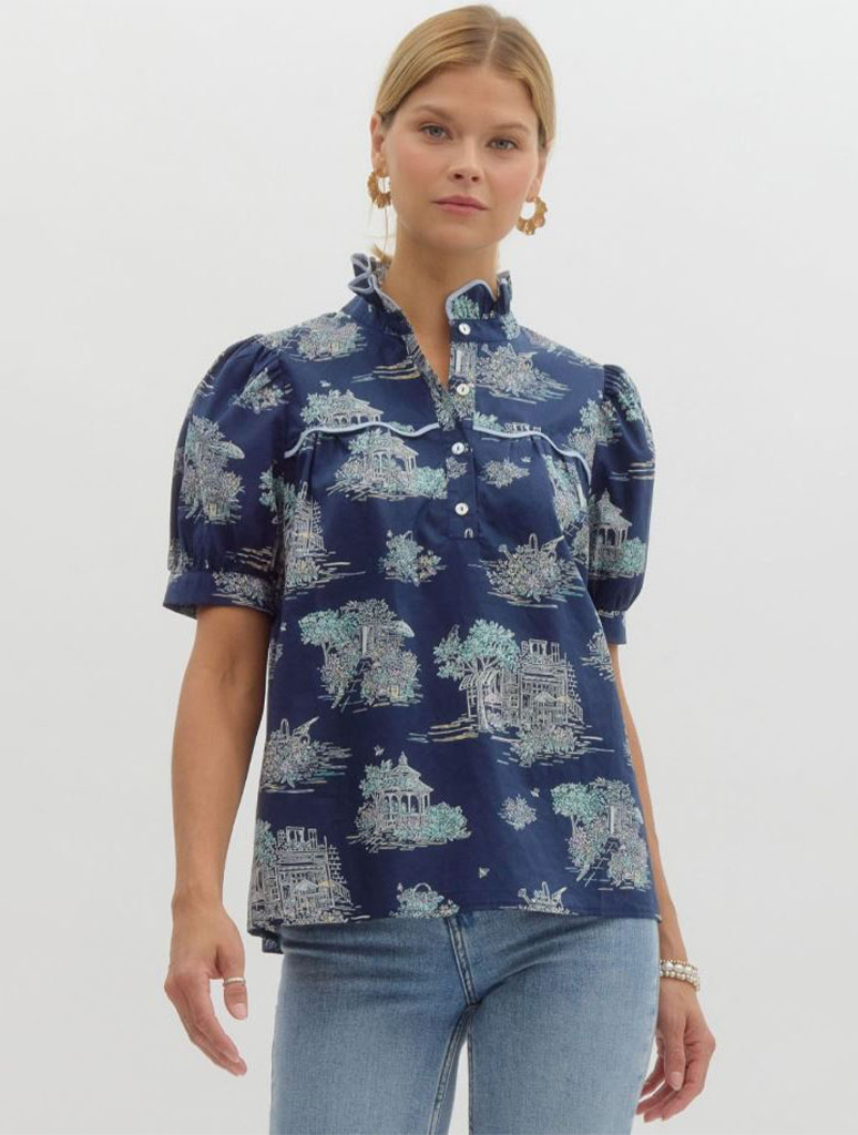 Jada Navy Cotton Puff Sleeve Top