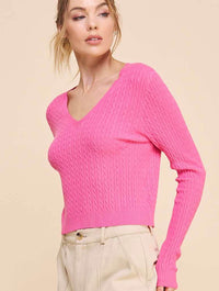 Cable Knit V-Neck Pullover in Hot Pink