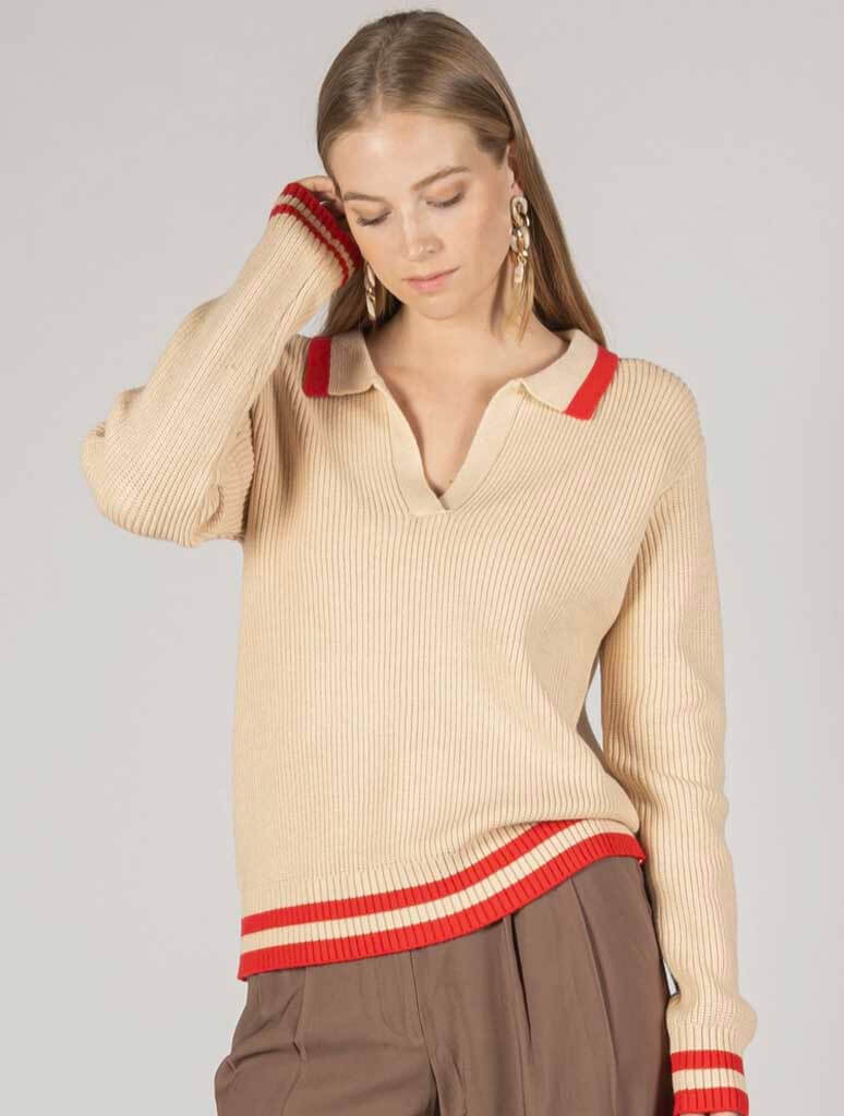 Border Contrast Knit Sweater in Taupe/Red – JAYNE Boutique