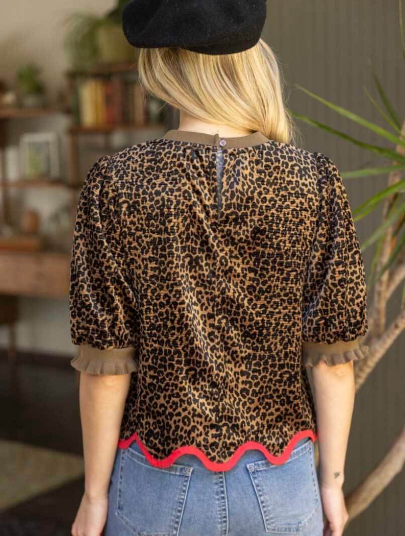 Contrast Wavy Hem Velvet Animal Print Top