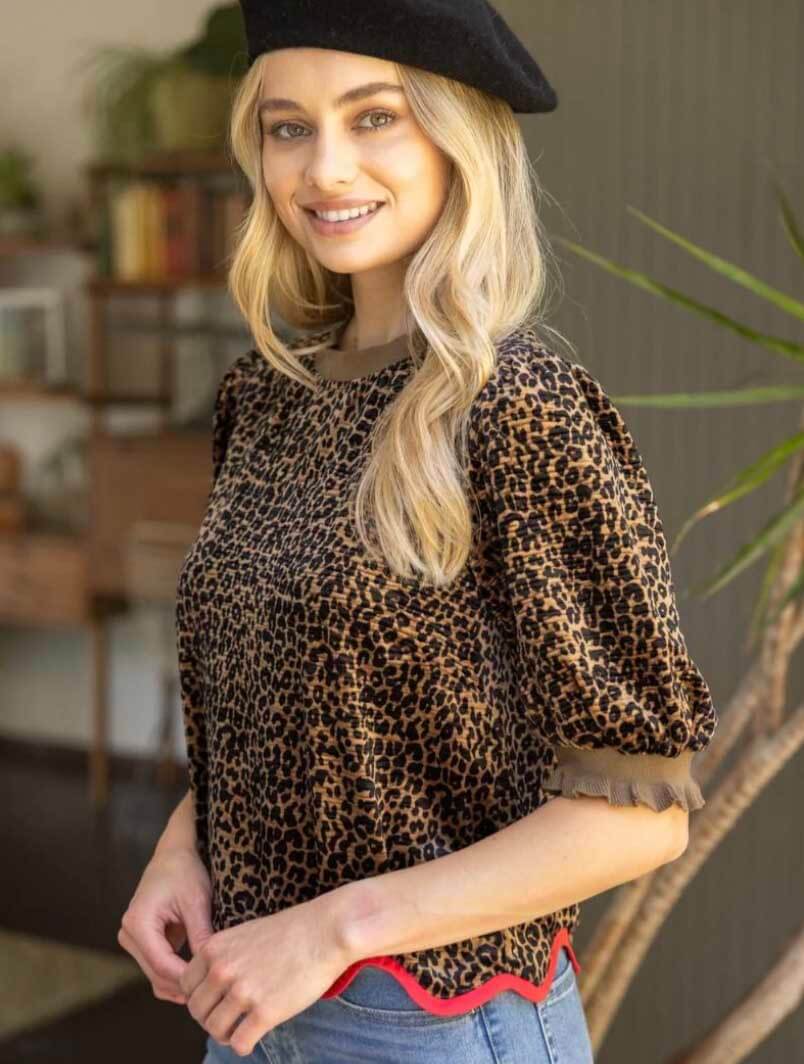 Contrast Wavy Hem Velvet Animal Print Top