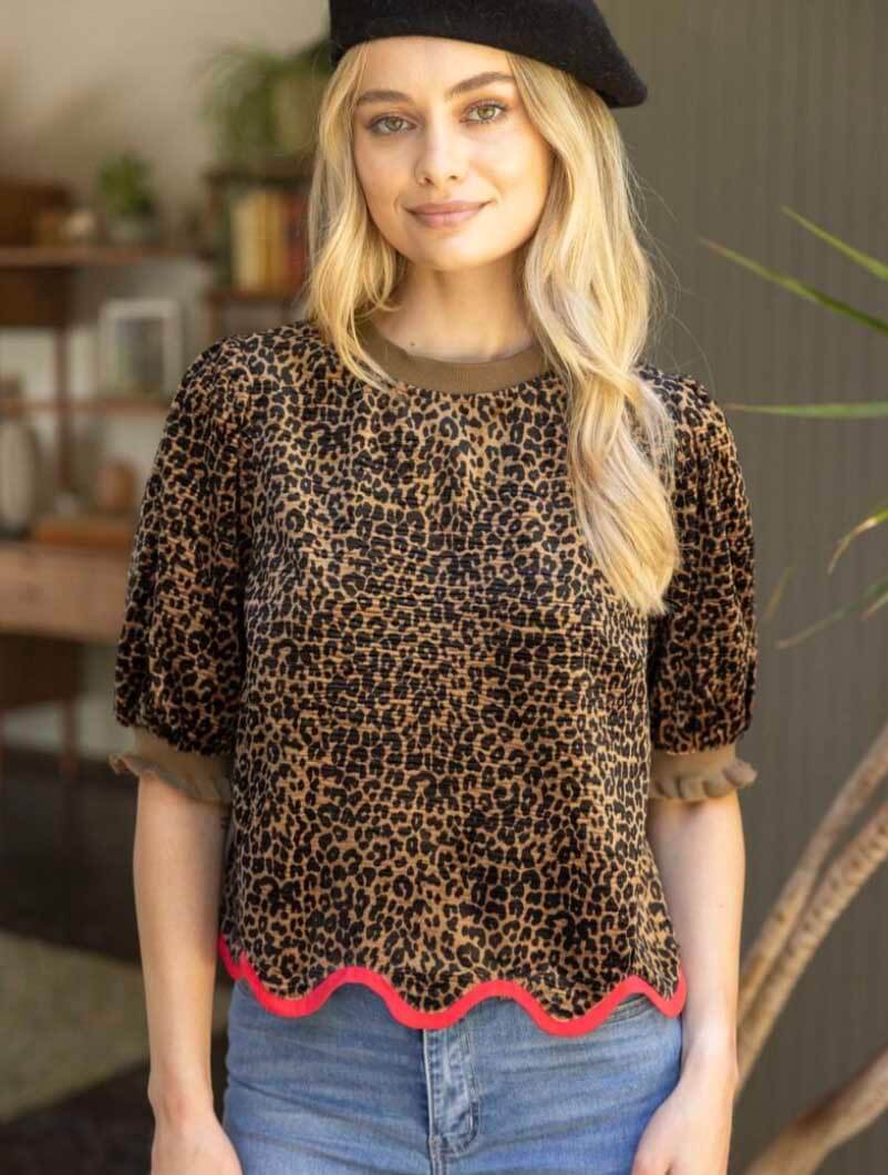 Contrast Wavy Hem Velvet Animal Print Top