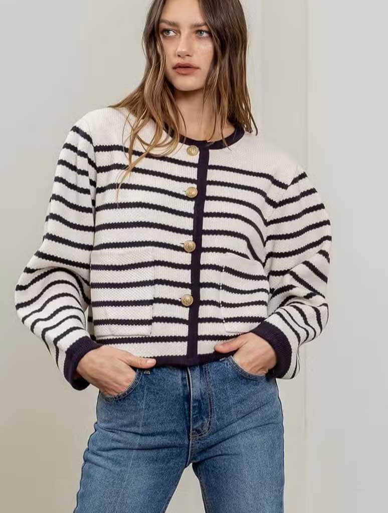 Crewneck Long Sleeve Stripe Cardigan in Navy