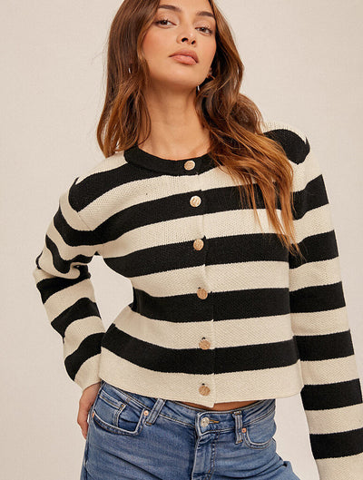 Button Down Stripe Crop Sweater Jacket in Black/White