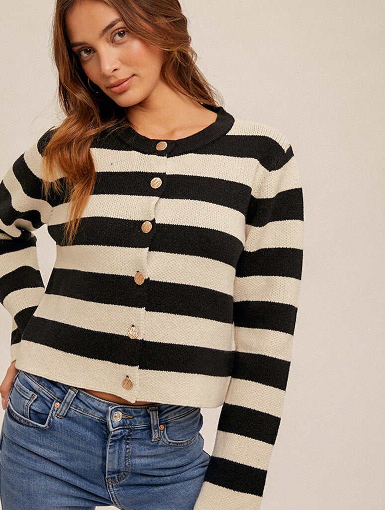 Button Down Stripe Crop Sweater Jacket in Black/White