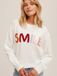 "Smile"Lettering Fuzzy Sweater Top in White