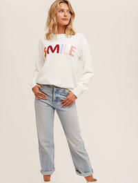 "Smile"Lettering Fuzzy Sweater Top in White