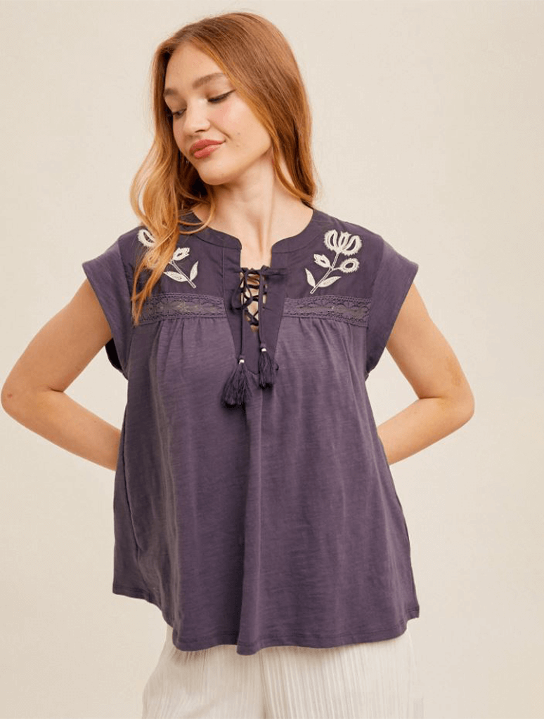 Lace-Up Front Embroidery Knit Top In Charcoal