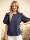 Bubble Short Sleeve Textured Knit Top in Navy