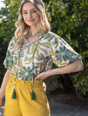 Smocked Neck Lace Detailed Print Top
