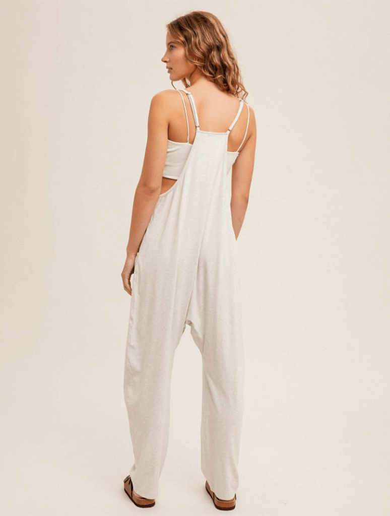 Snow Washed Oversized V Neck Cami Jumpsuit In Light Heather Grey JAYNE Boutique