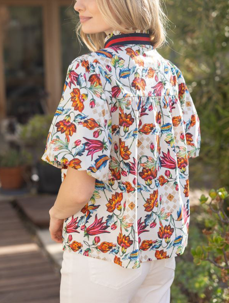 Stripe Trim Detailed V-Neck Floral Print Top