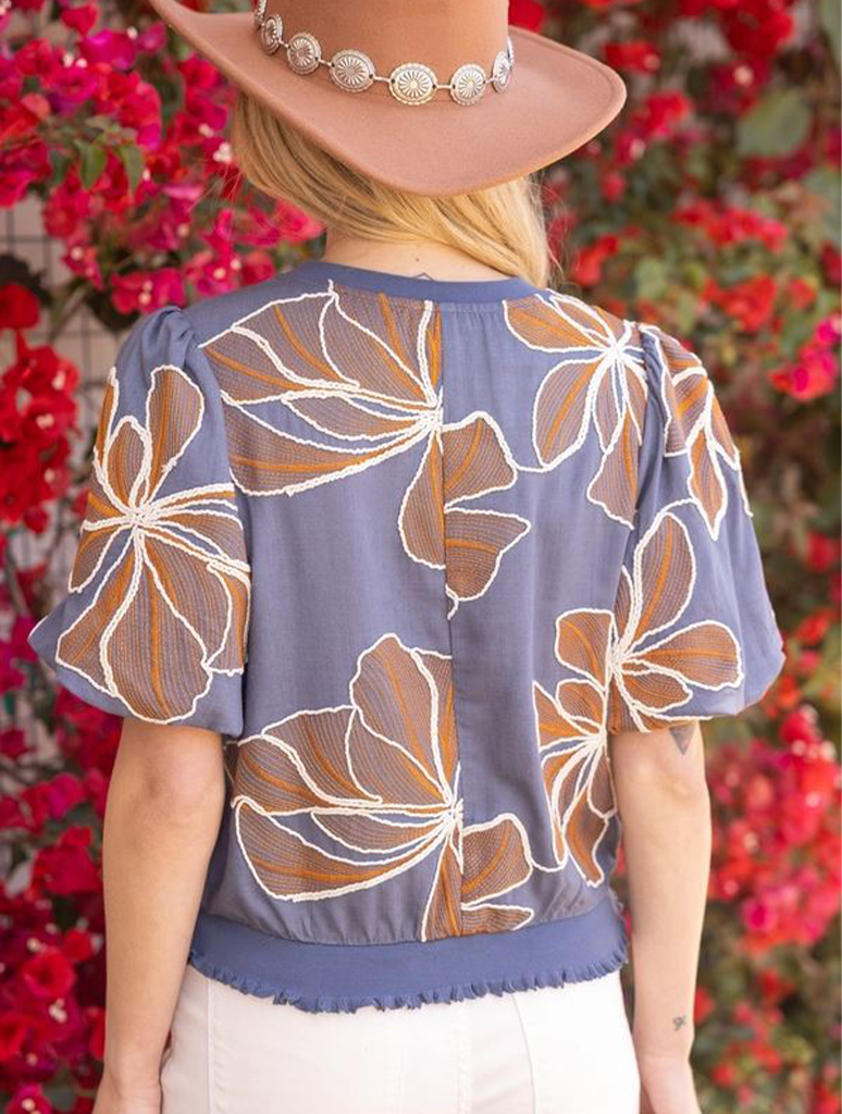 Contrast Band Detailed Floral Embroidery Top
