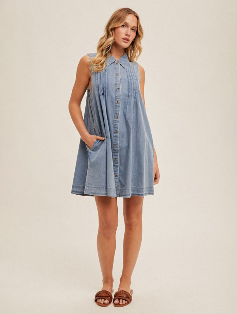 Pleat Detail Collared Button Down Tencel Swing Dress