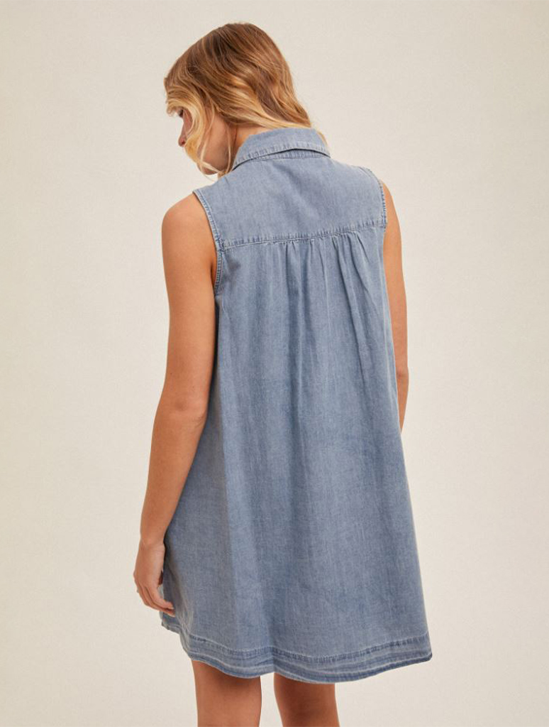 Pleat Detail Collared Button Down Tencel Swing Dress