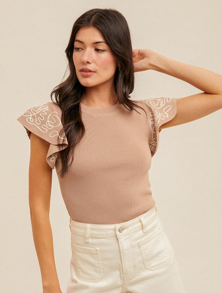 Embroidered Ruffle Sleeve Sweater