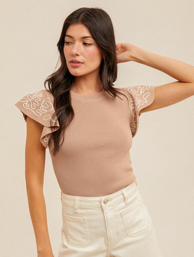 Embroidered Ruffle Sleeve Sweater