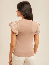Embroidered Ruffle Sleeve Sweater