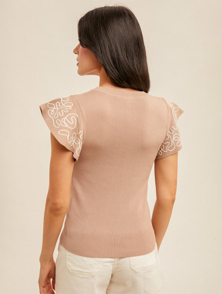 Embroidered Ruffle Sleeve Sweater