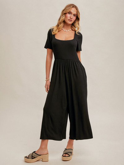 Square Neck Knit Jumpsuit with Pockets