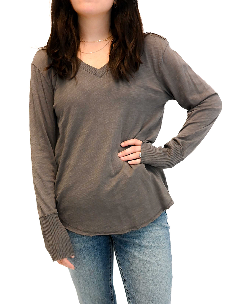 Long Sleeve Waffle Mix V-Neck Top