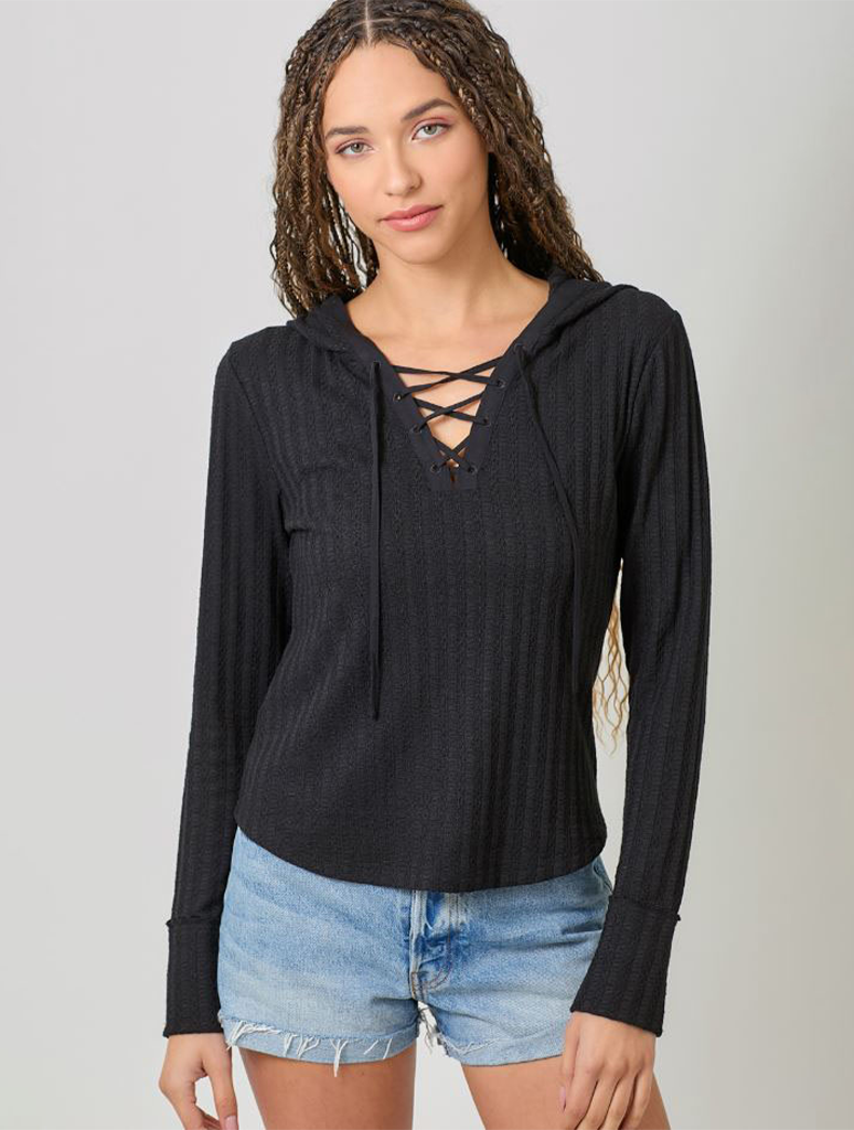 Lace Up Knit Hoodie Top (Final Sale)