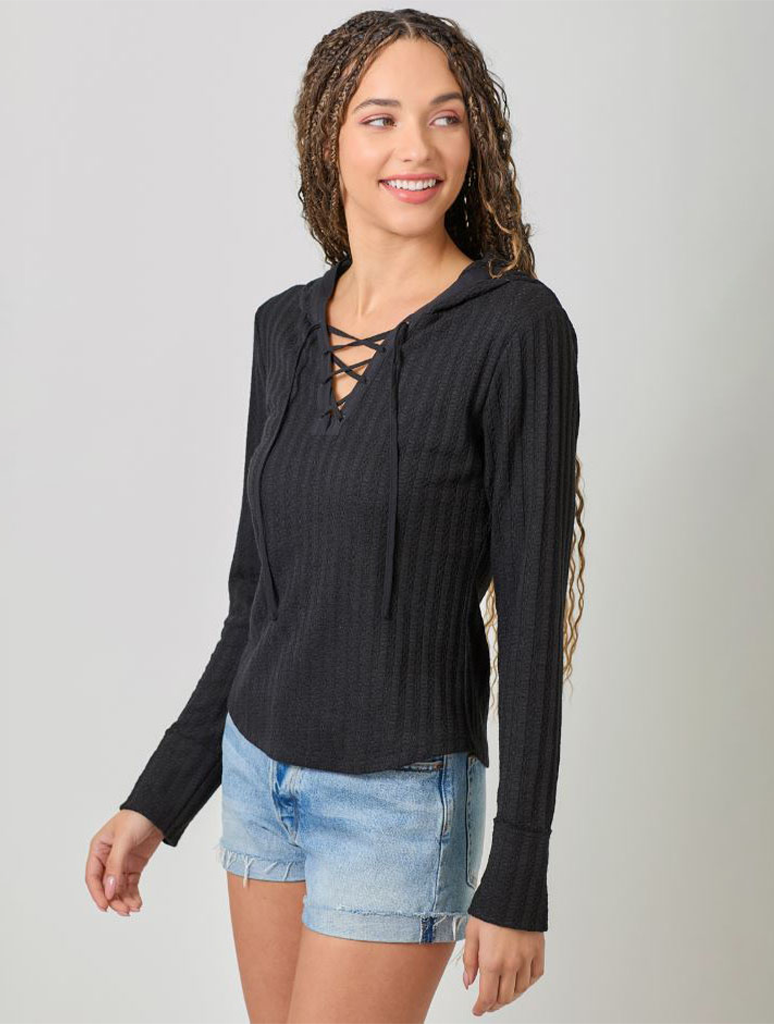 Lace Up Knit Hoodie Top