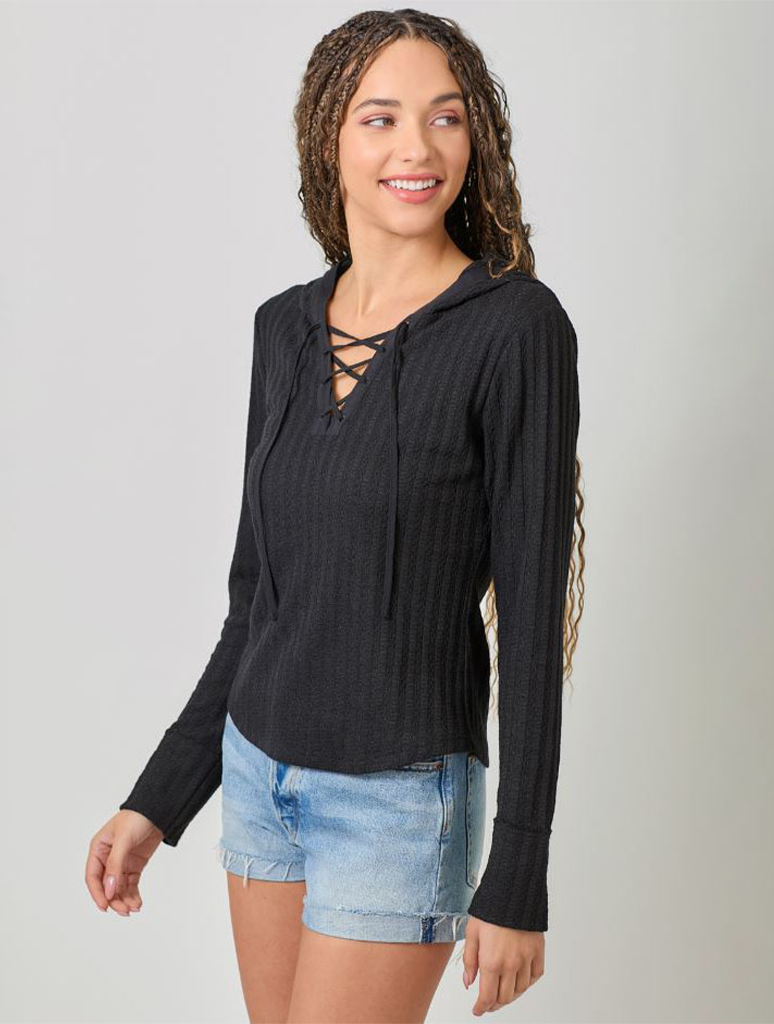 Lace Up Knit Hoodie Top (Final Sale)