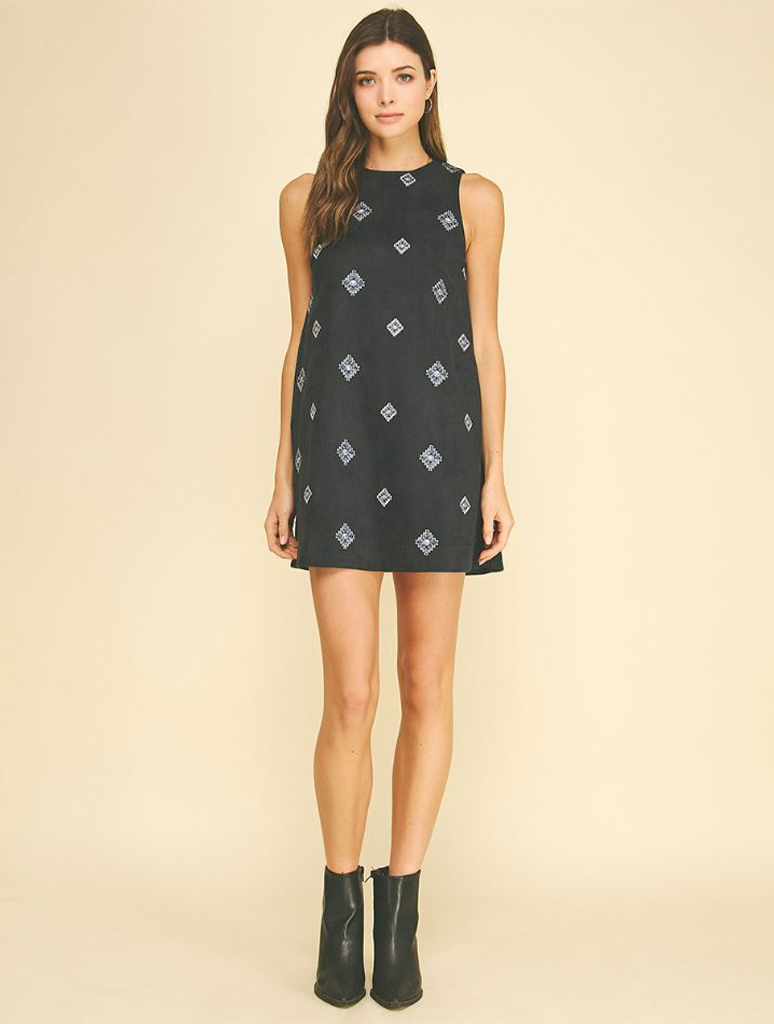 Embroidered Suede A-Line Mini Dress
