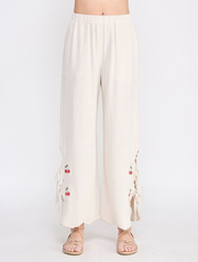 Soft Linen Embroidered Pants with Scallop Hem