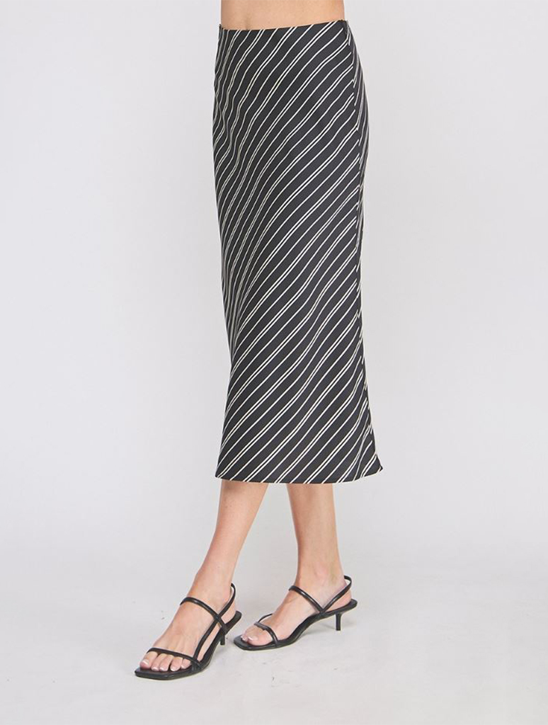 Striped Satin Bias Cut Slip Skirt with Side Zipper