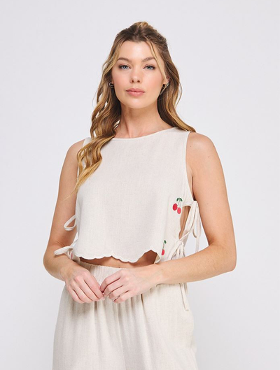 Linen Scalloped Tank with Cherries