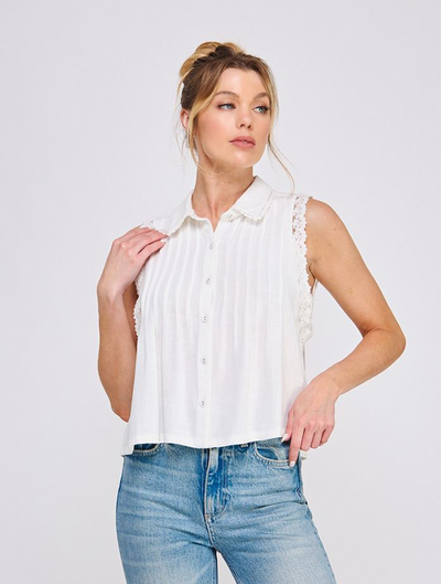 Linen Sleeveless Collared Shirt with Lace Trim