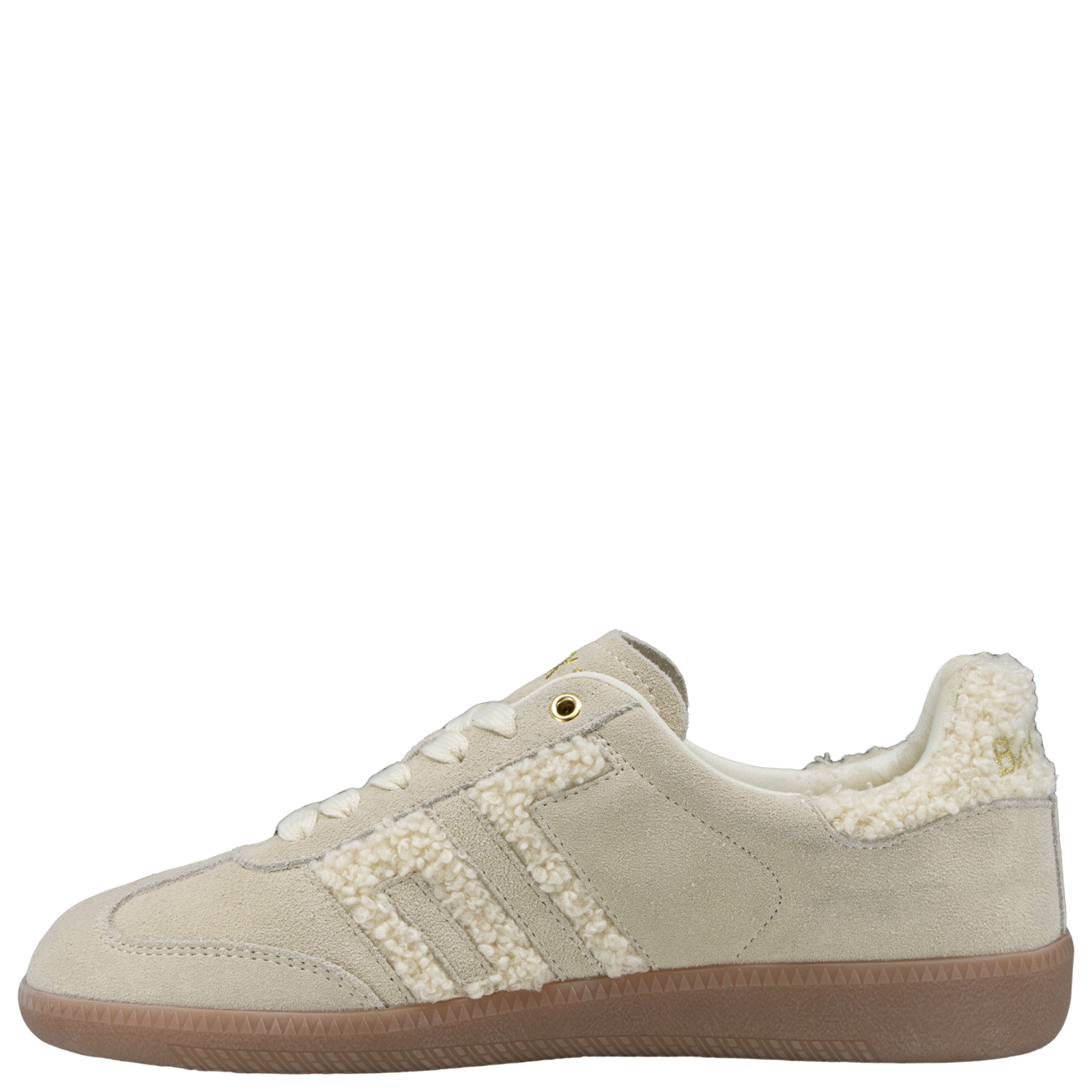 Angled side view of cream sherpa retro sneaker with suede and sherpa texture