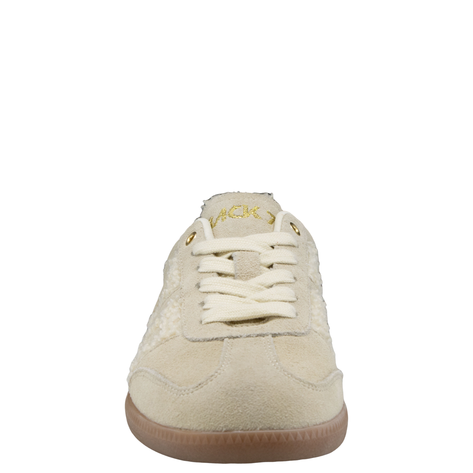 Front view of cream sherpa retro sneaker with gold BACK 70 logo