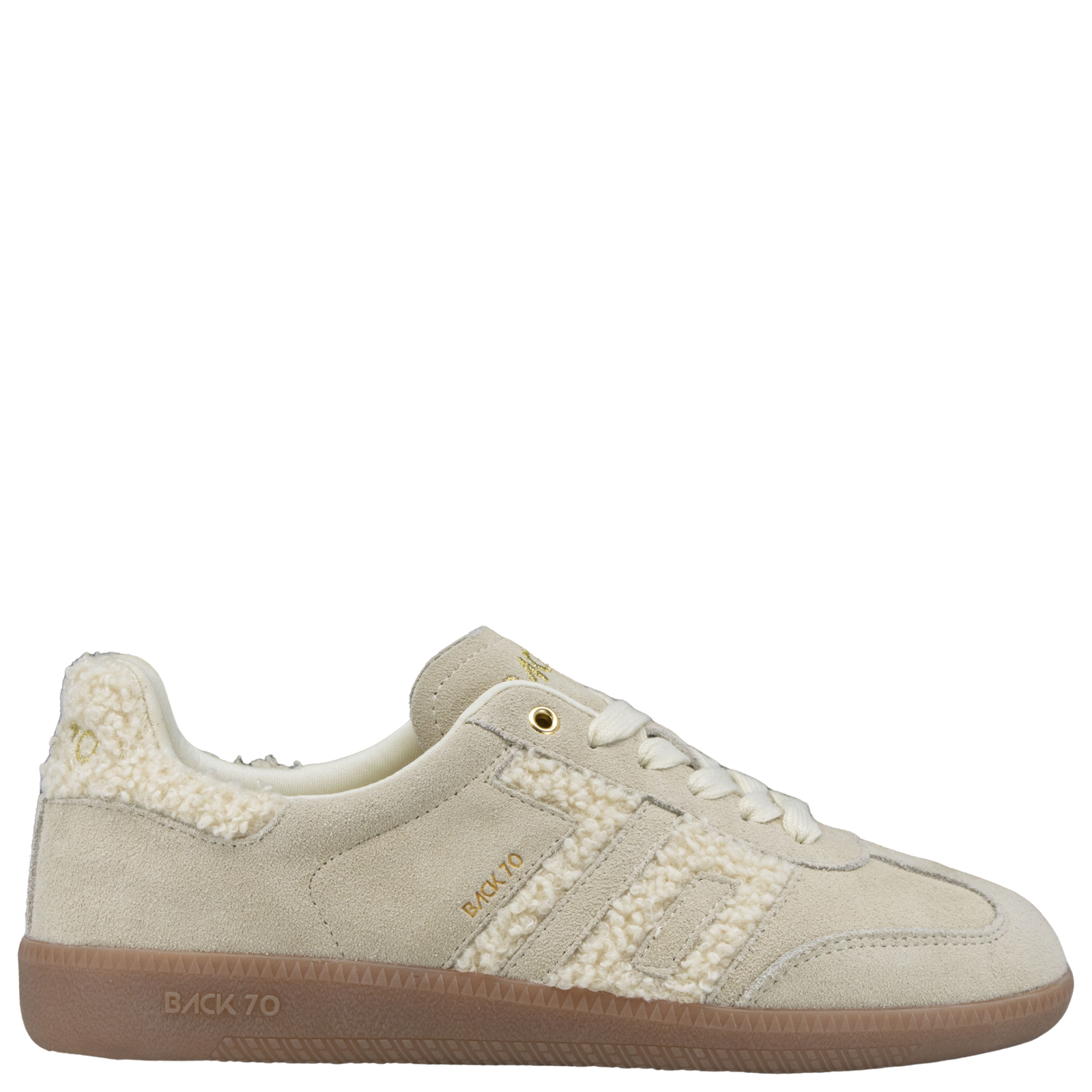 Side view of cream sherpa retro sneaker featuring gold details