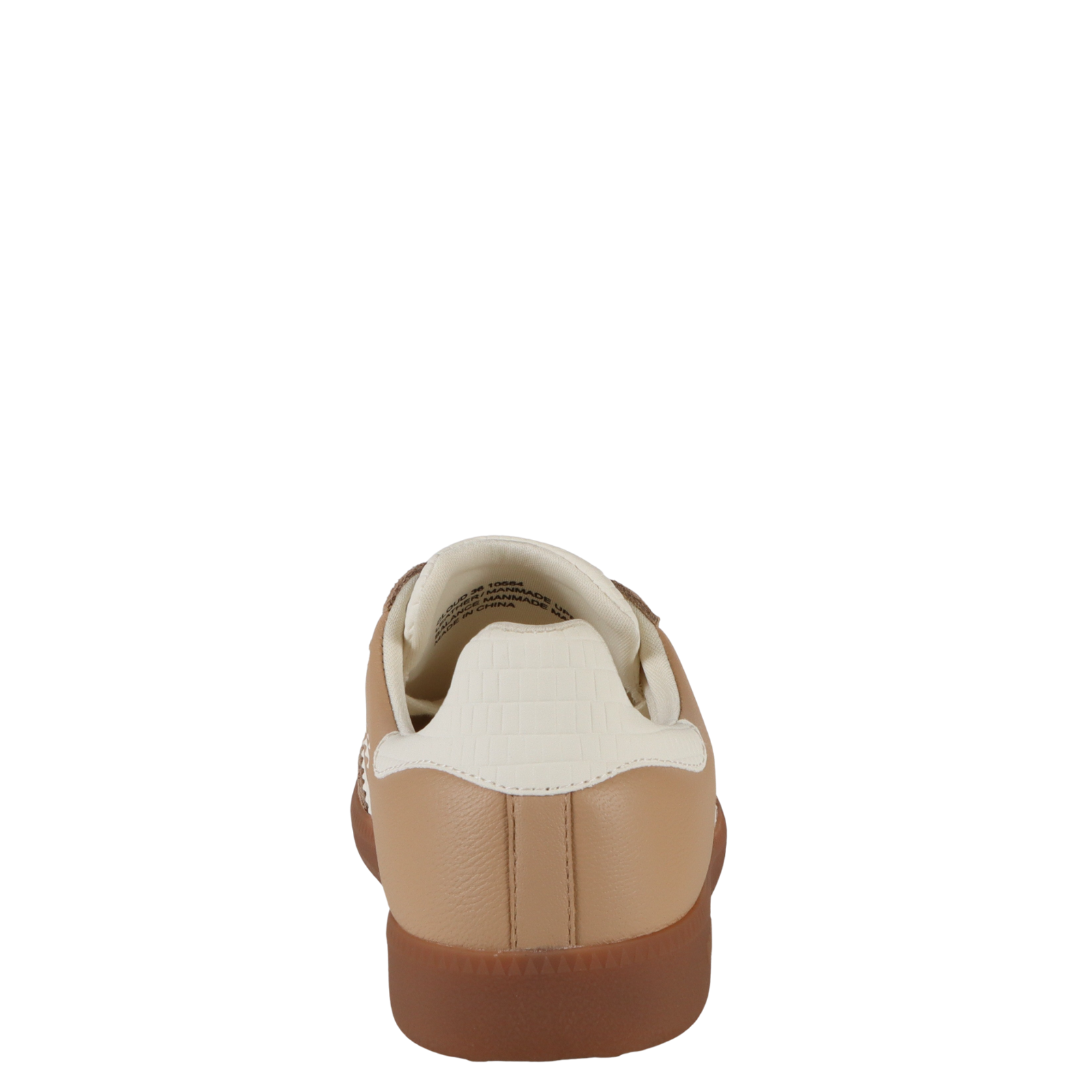Rear detail of tan Back 70 sneaker showing white croc-textured heel cap