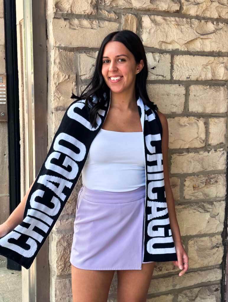Detailed fabric blend and stitching of the USA-made Chicago scarf