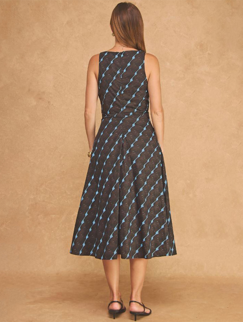 Abstract Scalloped Geo-Print Cut Out V-Neck Midi Dress