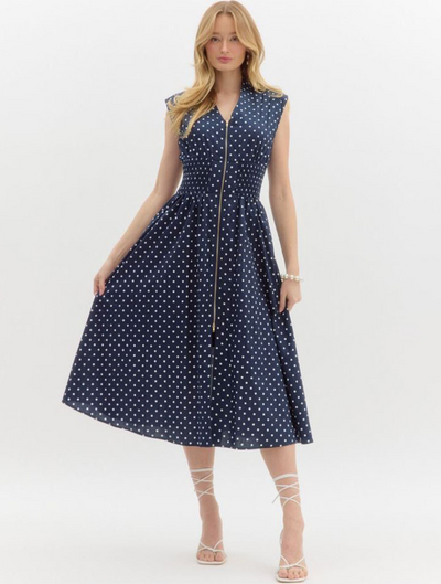 Polka Dot V-neck Sleeveless Midi Dress