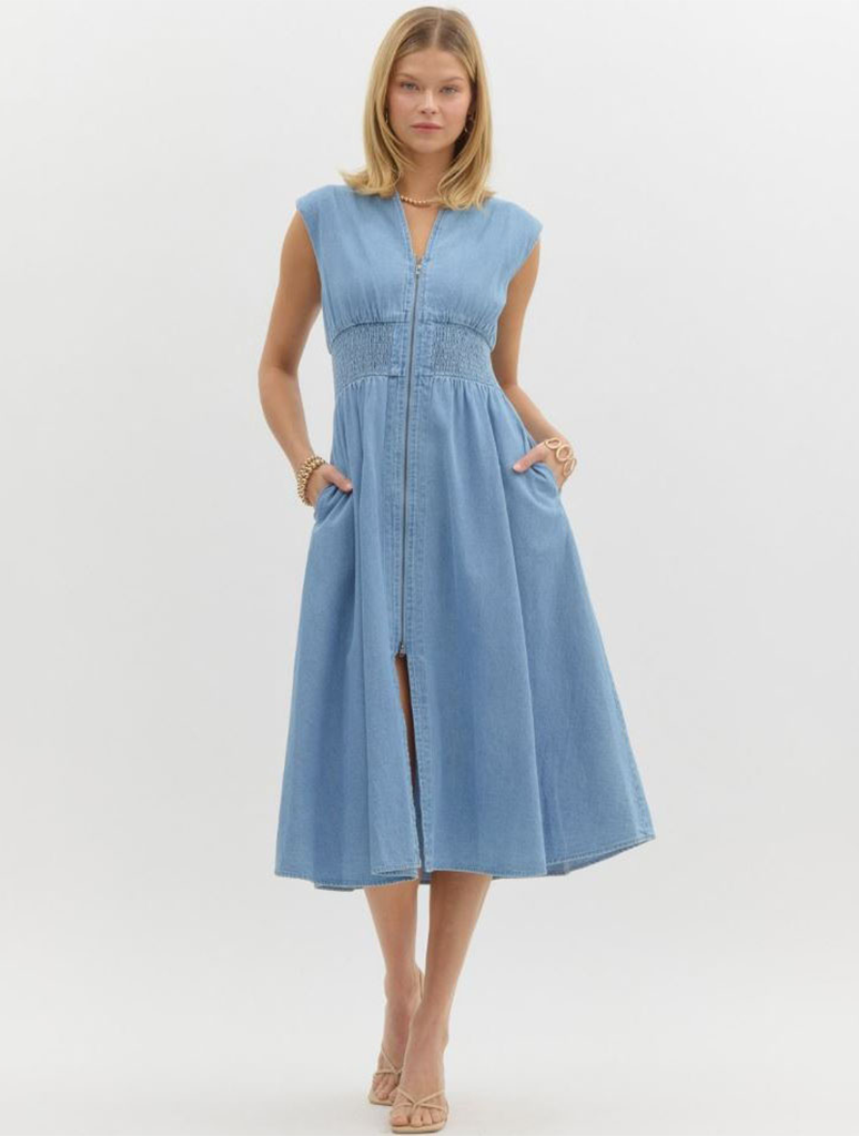 Denim Sleeveless Midi Dress with Front Zip