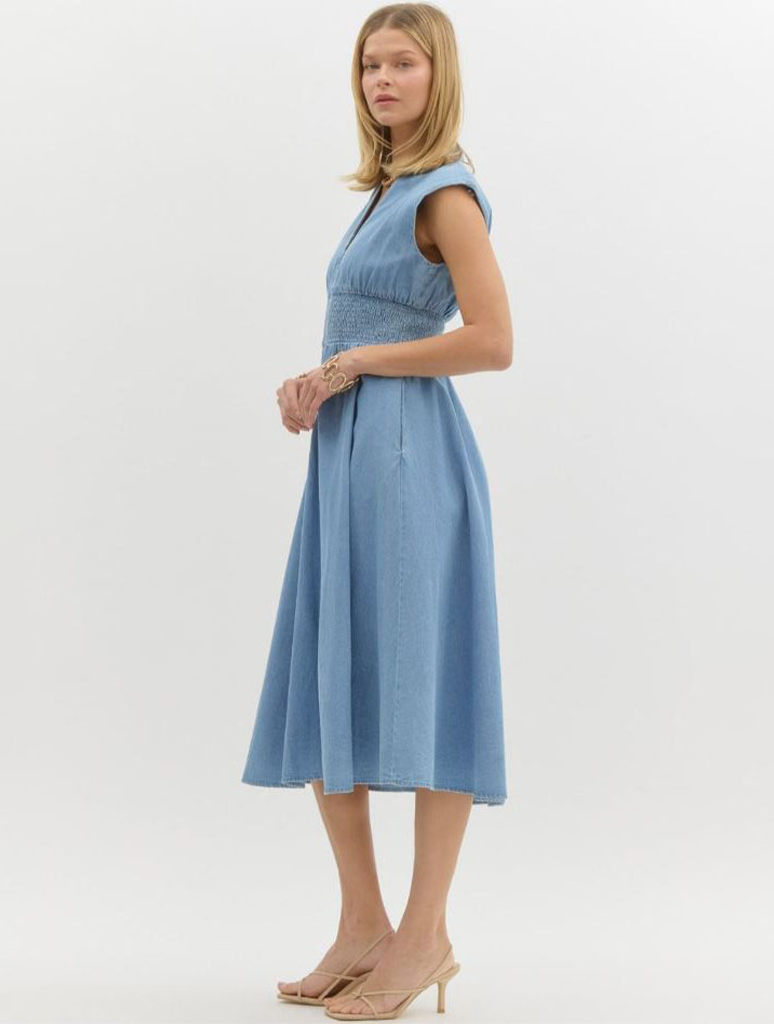 Denim Sleeveless Midi Dress with Front Zip