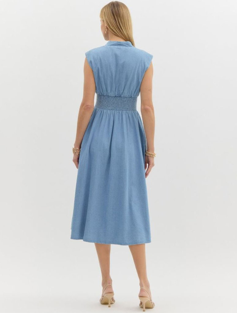 Denim Sleeveless Midi Dress with Front Zip