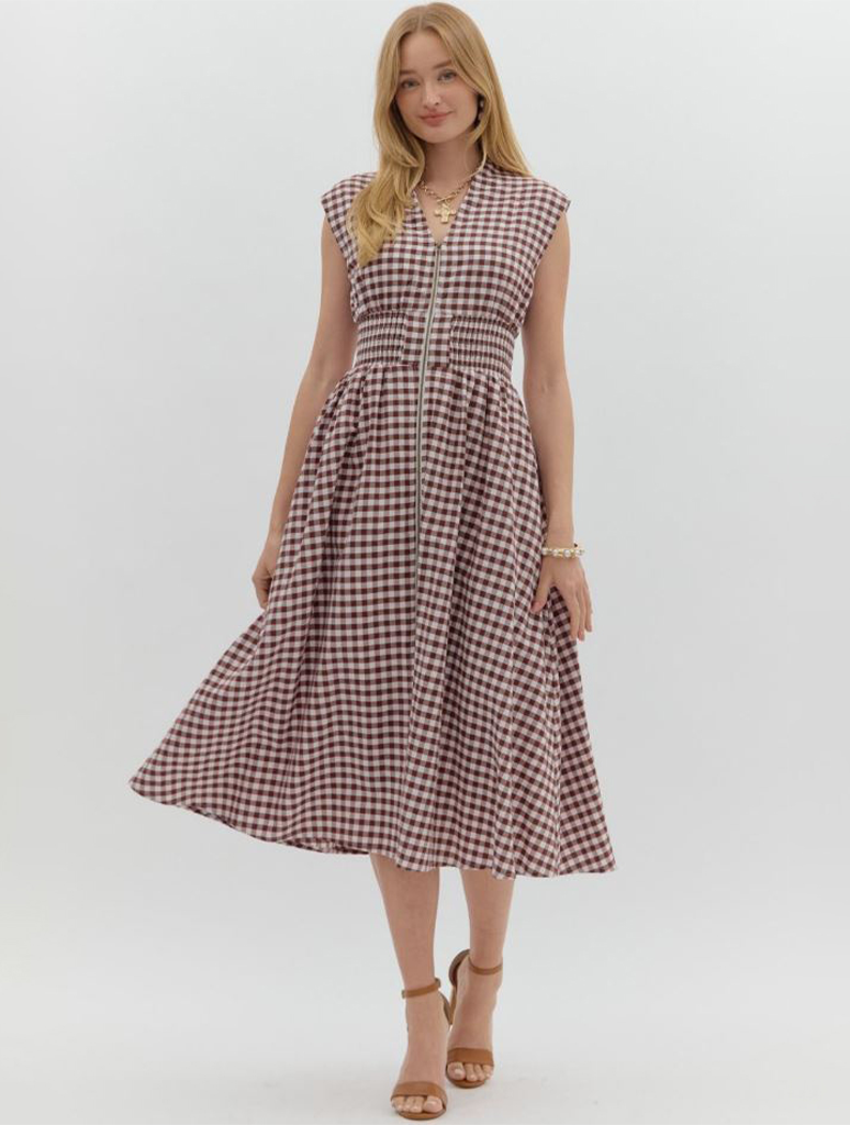 Gingham Zip Front Midi Dress