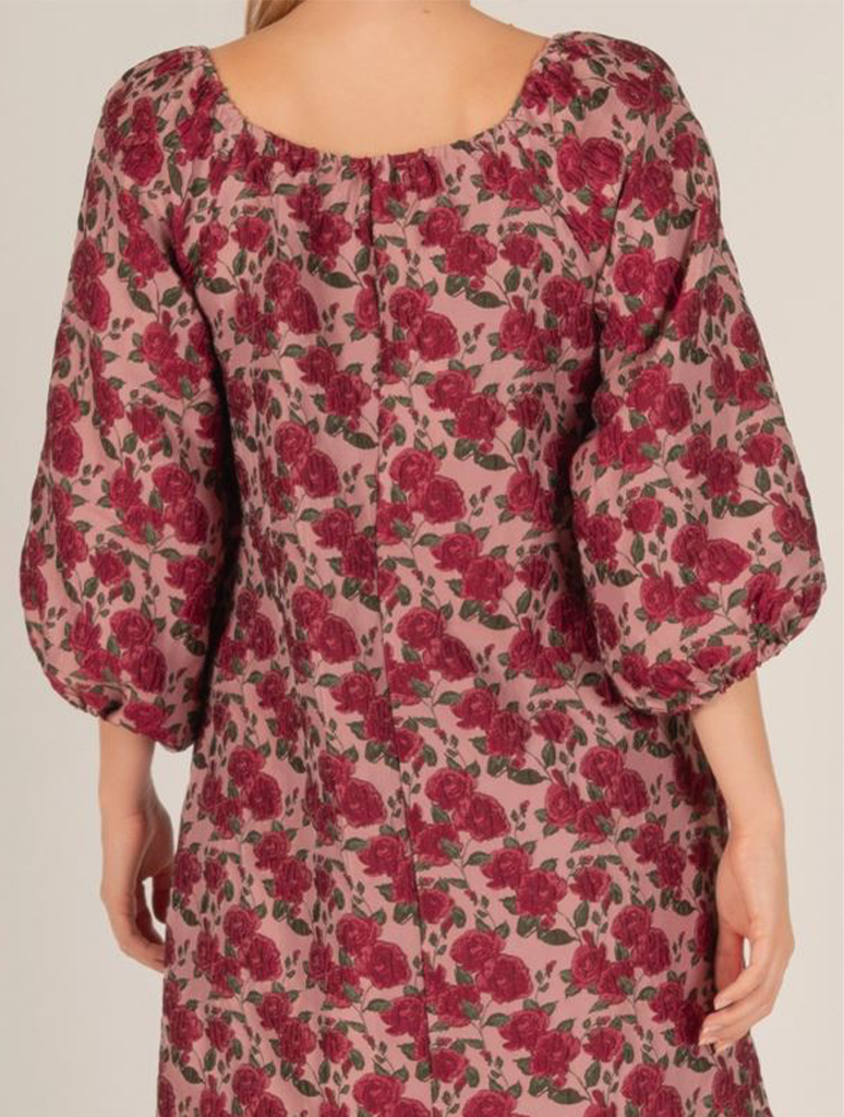 Rose Print Jacquard Puff Sleeve Dress (Final Sale)