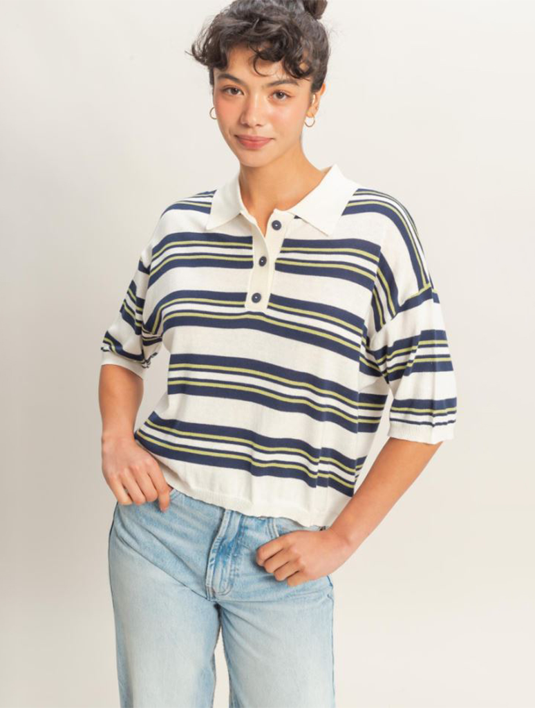 Striped Short Sleeve Polo Knit Top