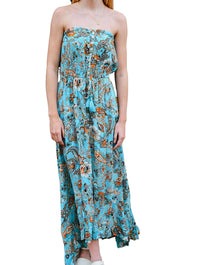Maxi Strapless Front Slit Dress in Turquoise Floral